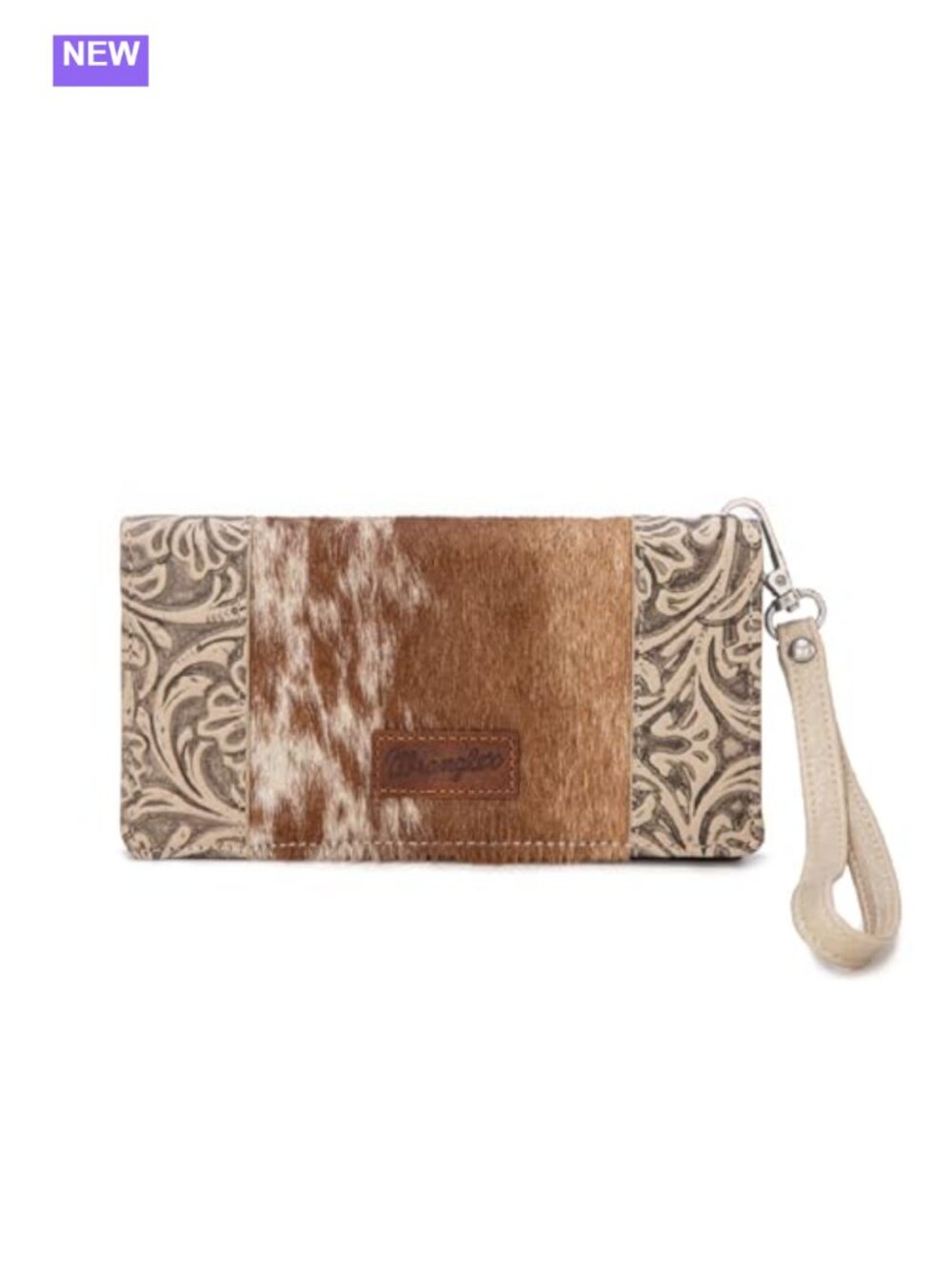 Hair-on Cowhide Western Wristlet Wallet Floral Tooled Clutch Boot Stitch